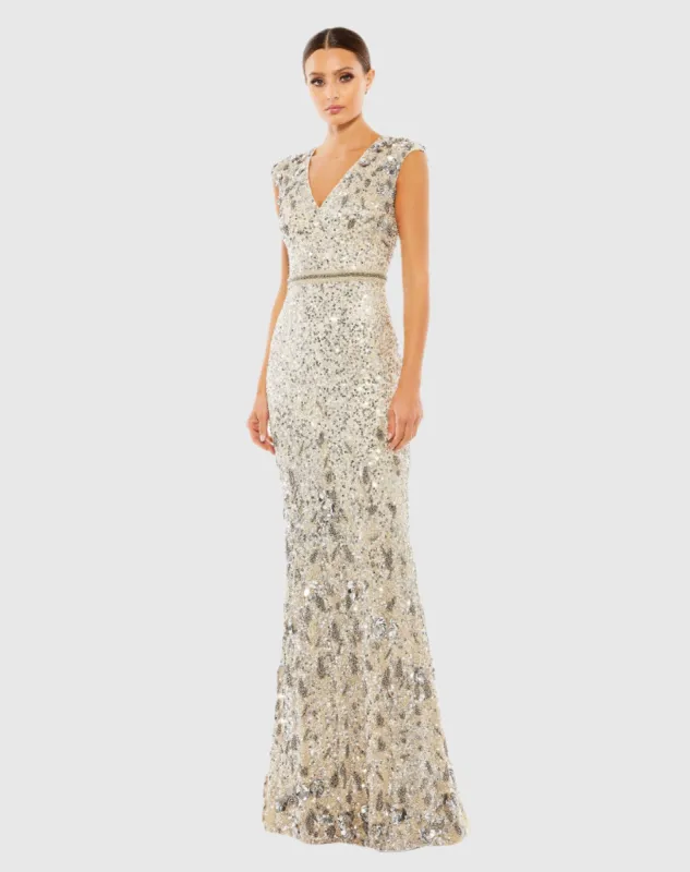 Embellished V Neck Cap Sleeve Sequin Gown sold by Mac Duggal