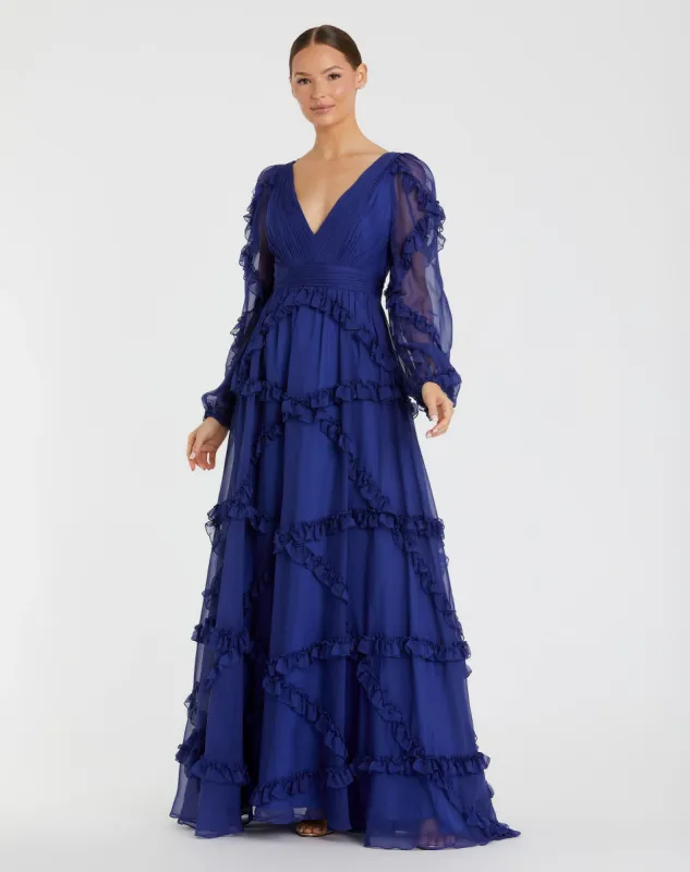 Cascade Ruffle Puff Sleeve A Line Gown sold by Mac Duggal