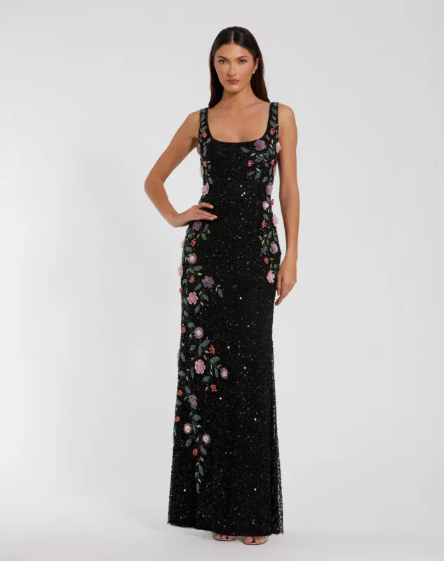 Black Floral Beaded Mesh Scoop Neck Sleeveless Gown sold by Mac Duggal