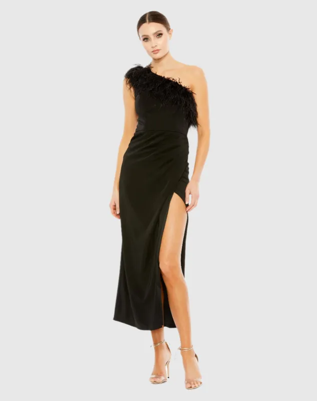 Feather Trim One Shoulder Draped Dress sold by Mac Duggal