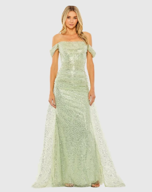 Green Off the Shoulder Sequin Panel Train Gown sold by Mac Duggal