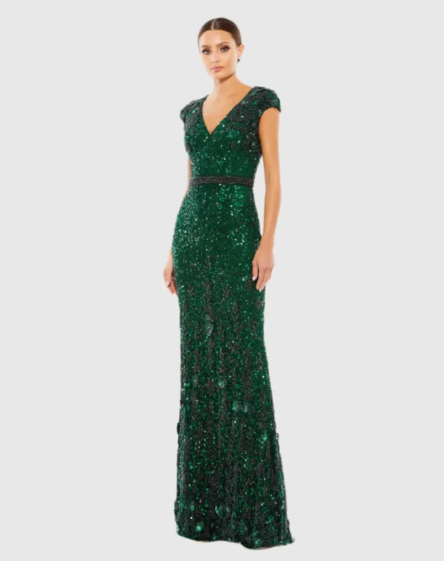 Green Embellished V Neck Cap Sleeve Sequin Gown sold by Mac Duggal