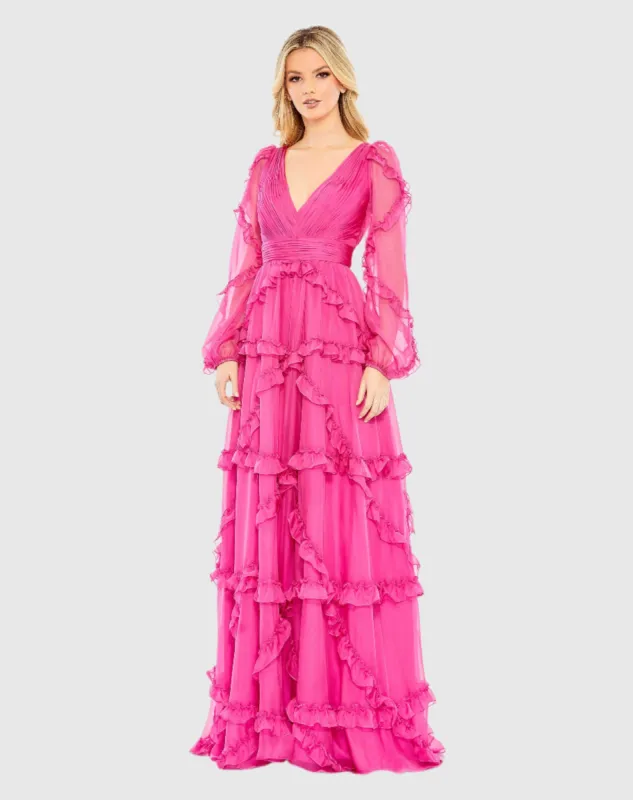 Pink Ruffle A-line Gown with Sheer Long Sleeves sold by Mac Duggal