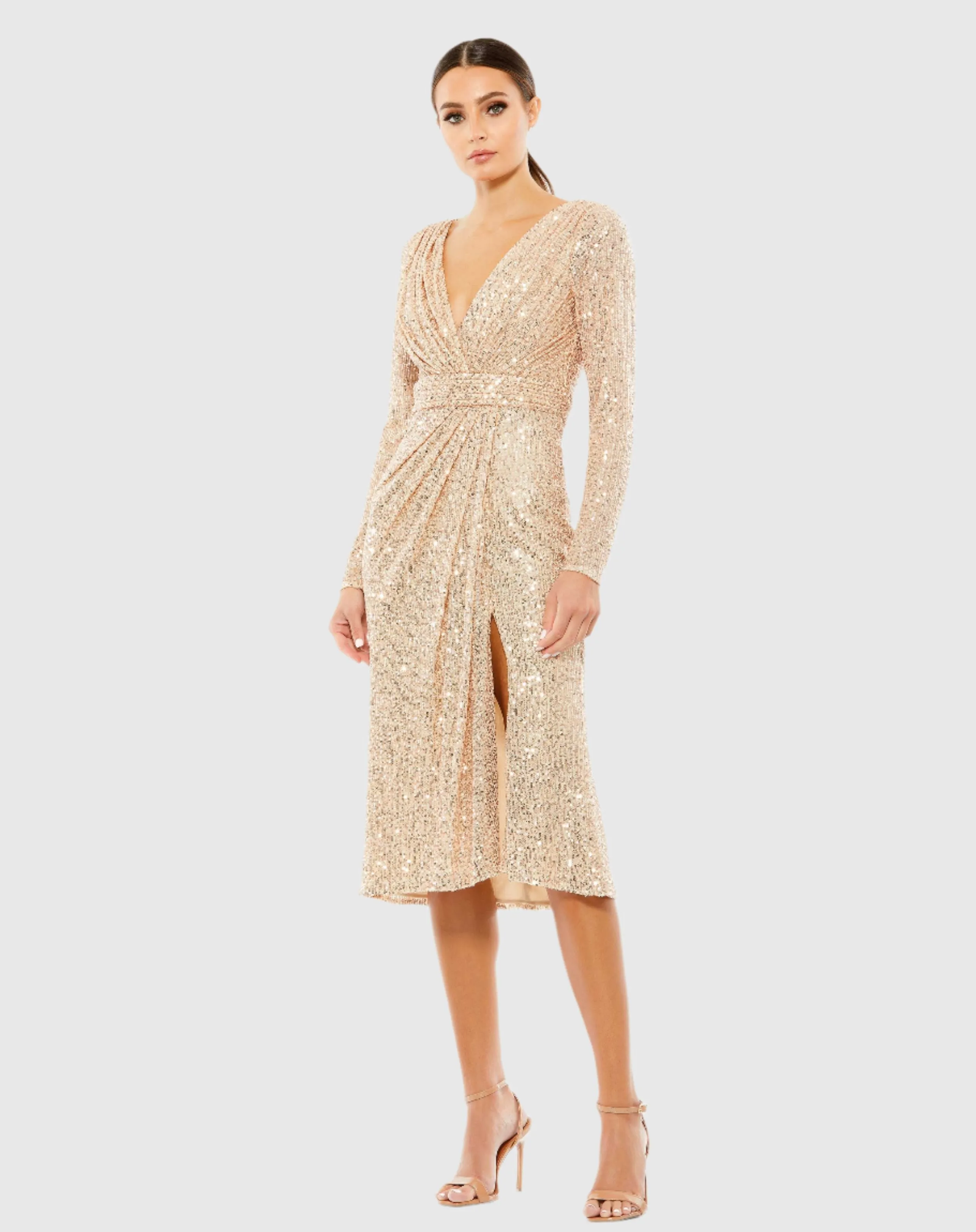 Pink Sequined Long Sleeve Midi Dress sold by Mac Duggal