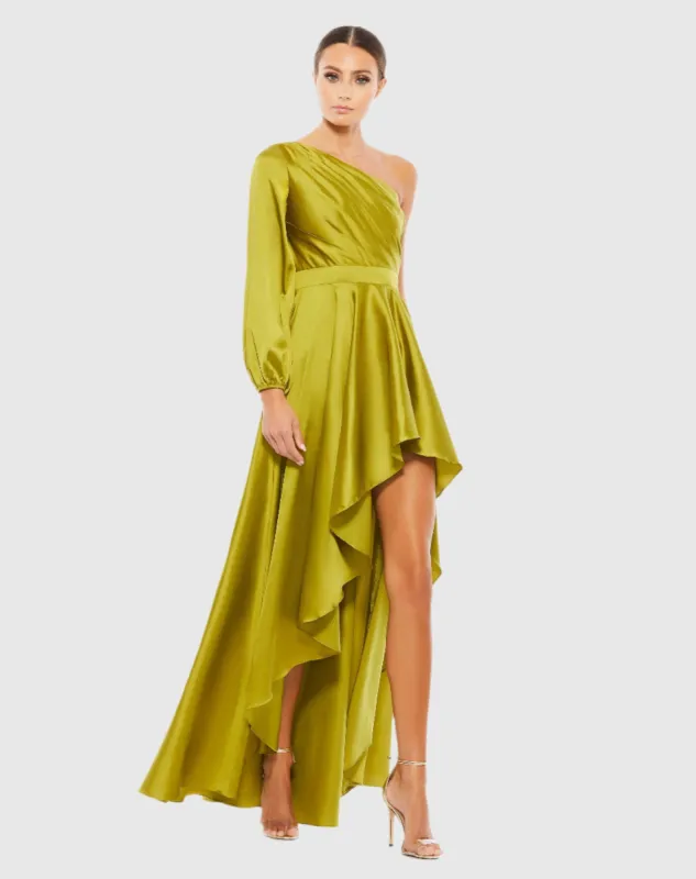Green High Low One Shoulder Flowy Gown sold by Mac Duggal