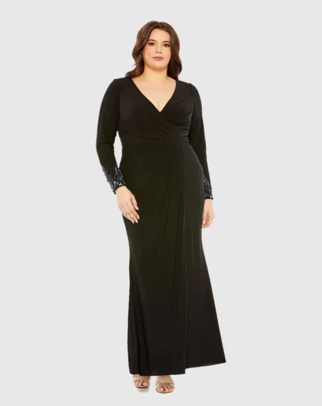 Black Long Crystal Detail Sleeve V Neck Gown sold by Mac Duggal