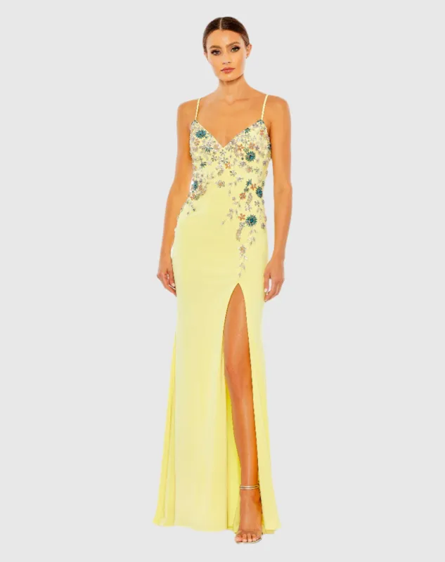 Yellow Multi Color Beaded Floral Cami Gown sold by Mac Duggal