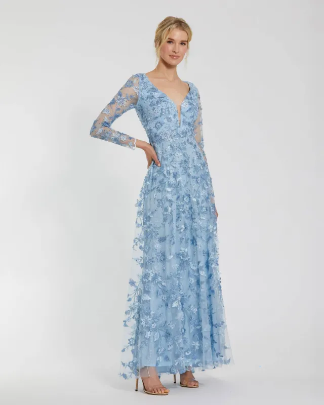 Blue Floral Applique Long Sleeve Illusion Gown sold by Mac Duggal