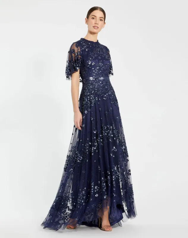 Sequined High Neck Flutter Sleeve A Line Gown sold by Mac Duggal