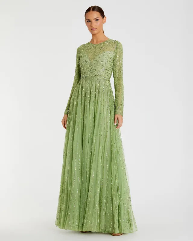 Sequined Illusion High Neck Long Sleeve Gown sold by Mac Duggal