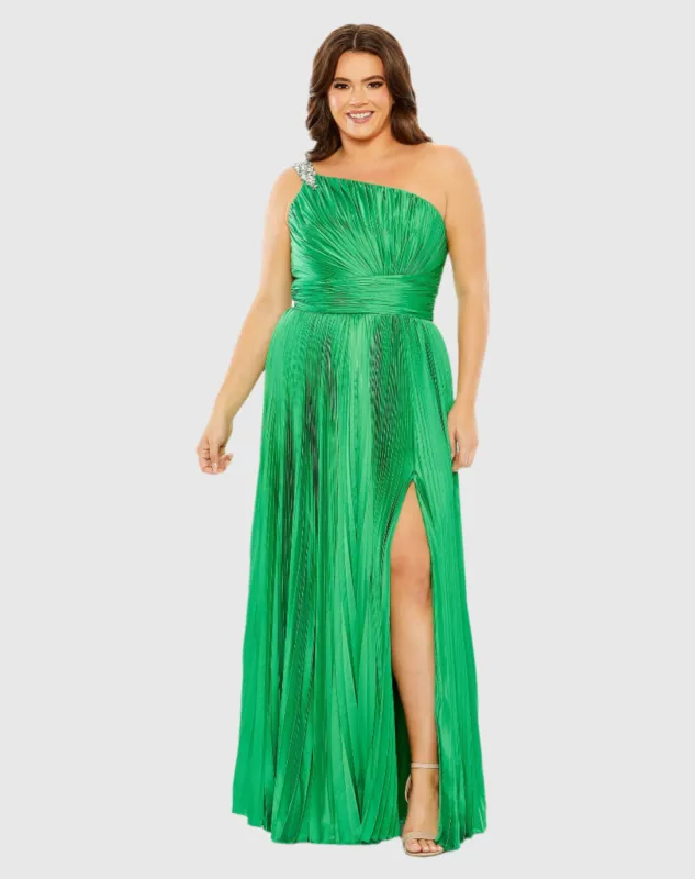 Green One Shoulder Embellished Pleated Sleeveless Gown sold by Mac Duggal