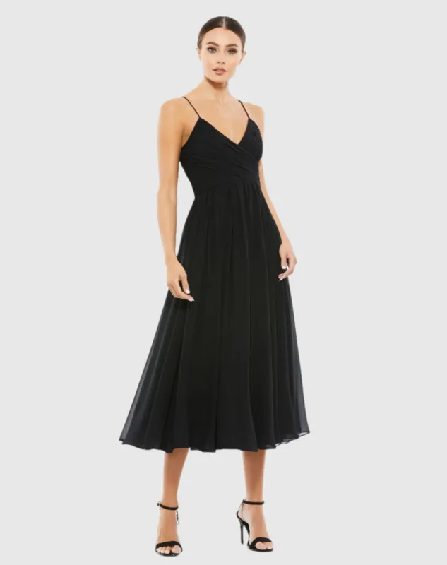 Black Faux Wrap Sleeveless Flowy Midi Dress sold by Mac Duggal