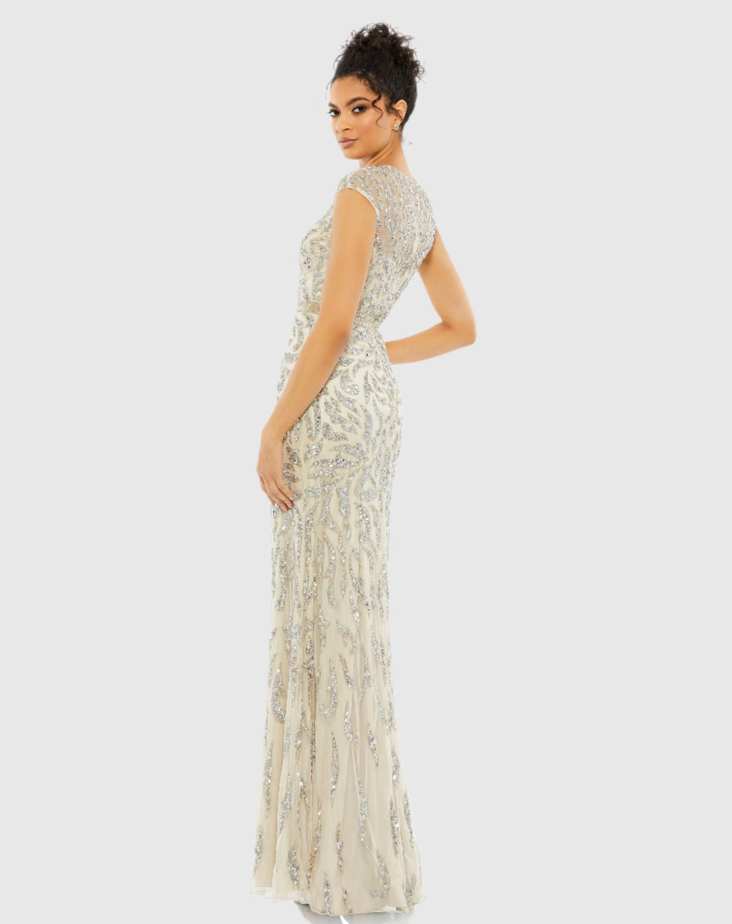 White and Silver Embellished Illusion Cap Sleeve Column Gown sold by Mac Duggal product image thumbnail 3