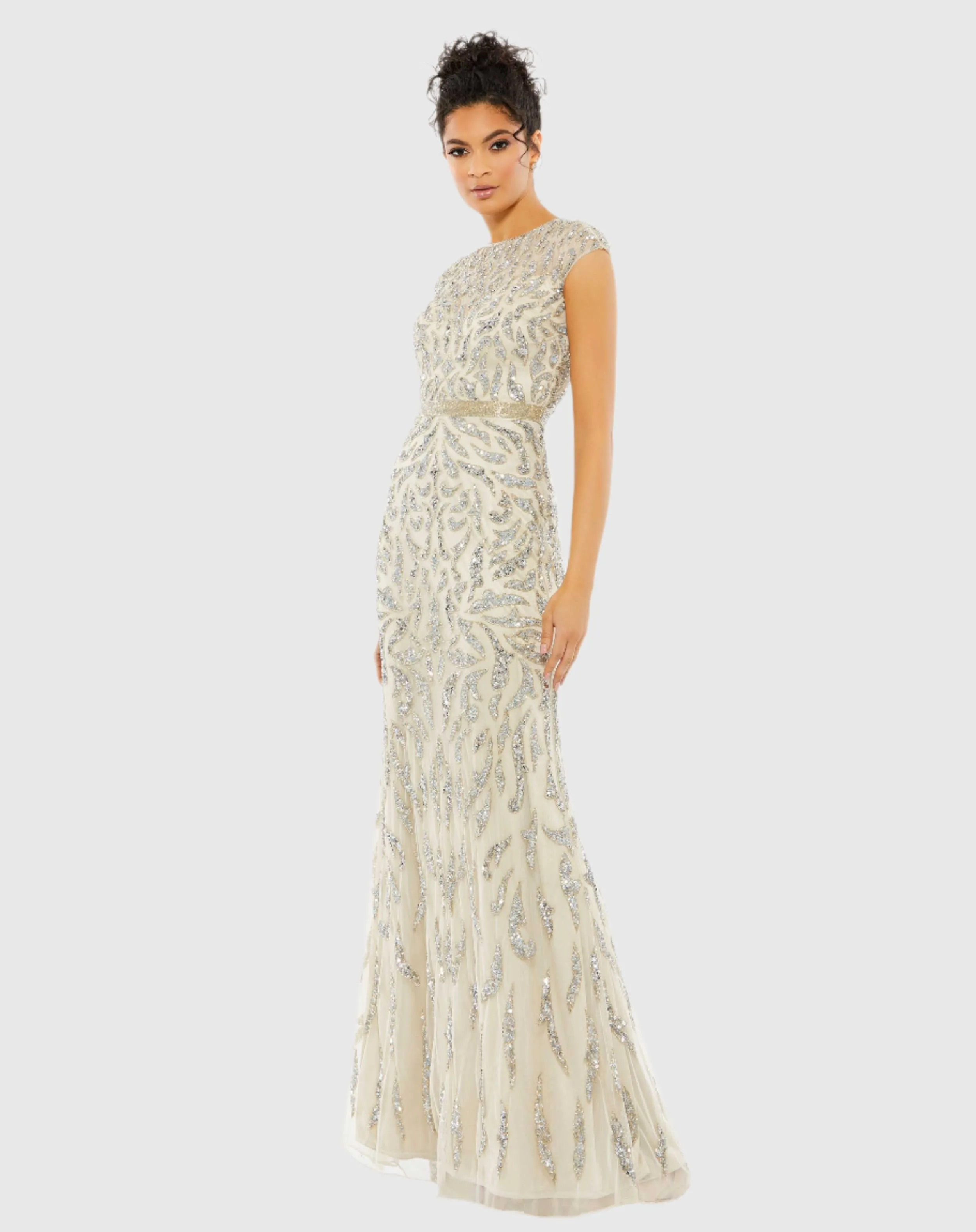 White and Silver Embellished Illusion Cap Sleeve Column Gown sold by Mac Duggal