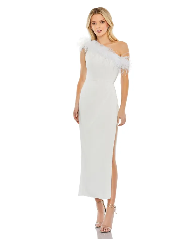 White Feather Trim One Shoulder Draped Dress sold by Mac Duggal