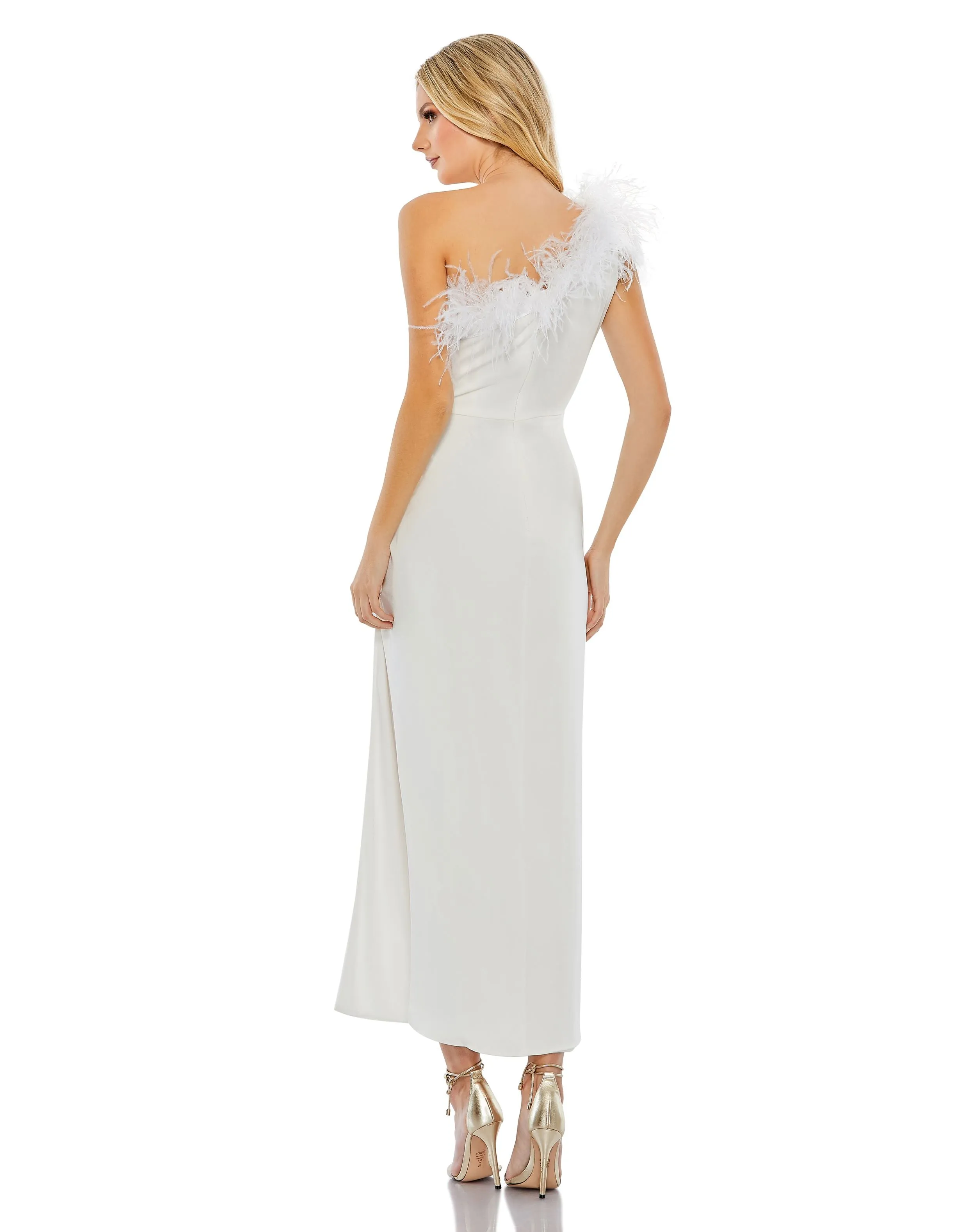 White Feather Trim One Shoulder Draped Dress sold by Mac Duggal product image thumbnail 3