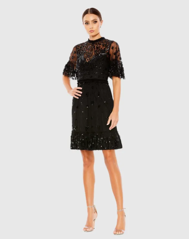 Embellished Illusion High Neck Mini Dress sold by Mac Duggal