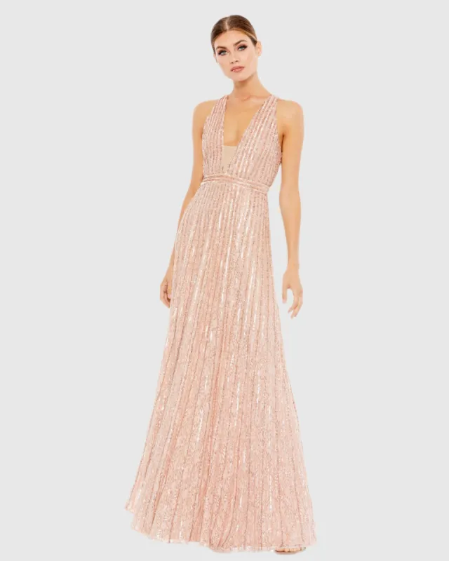 Sequined Sleeveless Plunge Neck Flowy Gown sold by Mac Duggal