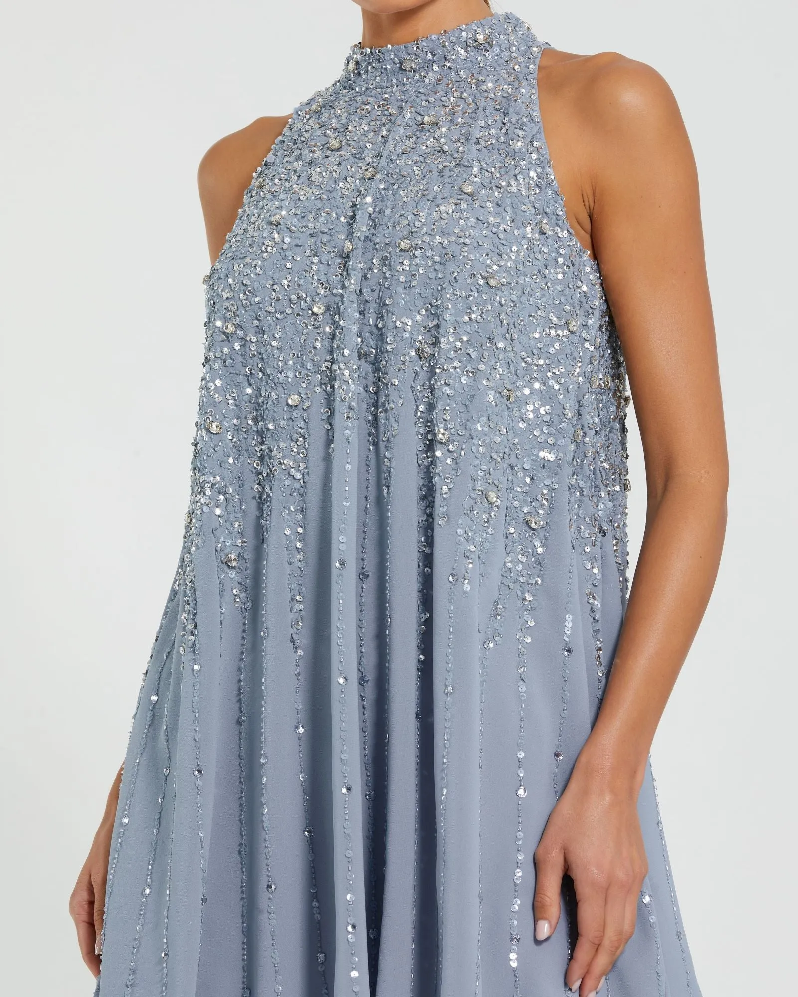 Blue High Neck Sleeveless Sequin Embellished Trapeze Dress sold by Mac Duggal product image thumbnail 2