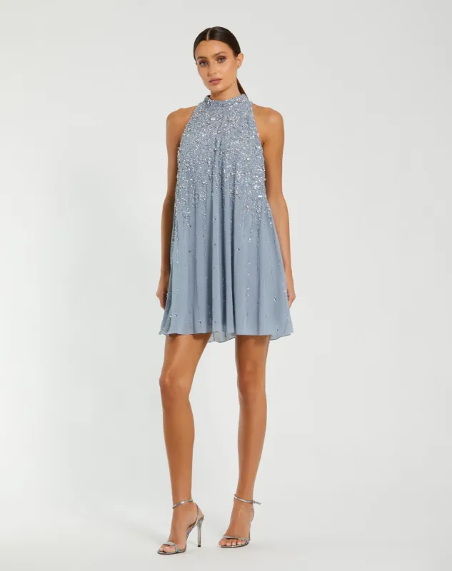 Blue High Neck Sleeveless Sequin Embellished Trapeze Dress sold by Mac Duggal
