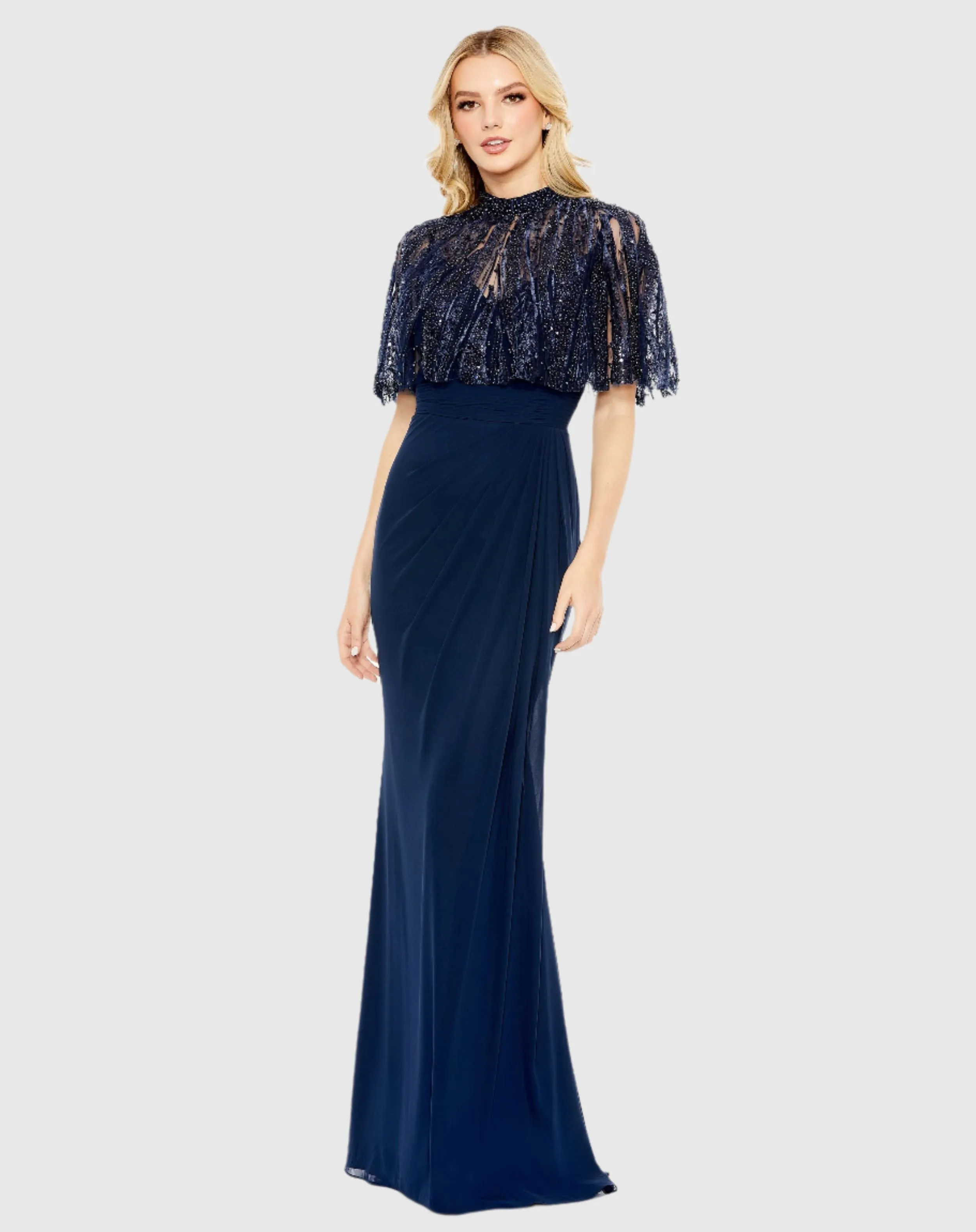 Navy Sleeveless Gown With Embellished Cape sold by Mac Duggal