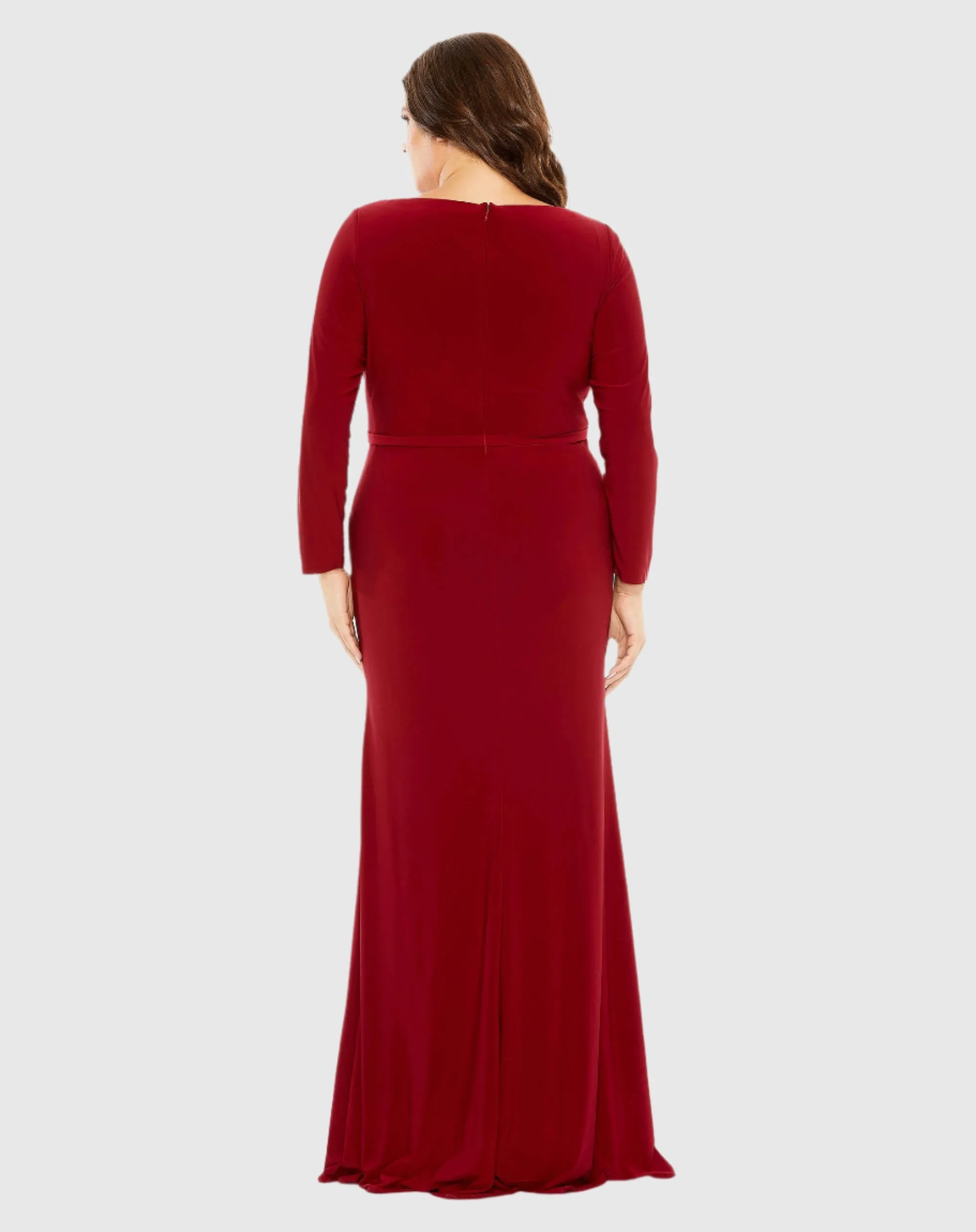 Red Long Sleeve V-Neck Faux Wrap Gown (Plus) sold by Mac Duggal product image thumbnail 3