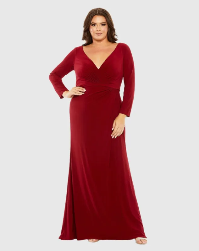 Red Long Sleeve V-Neck Faux Wrap Gown (Plus) made by Mac Duggal
