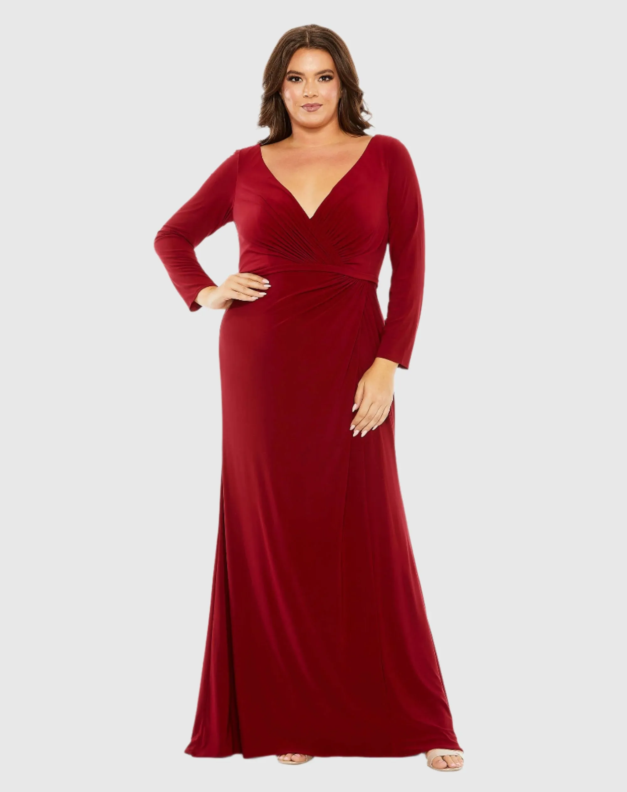 Red Long Sleeve V-Neck Faux Wrap Gown (Plus) sold by Mac Duggal