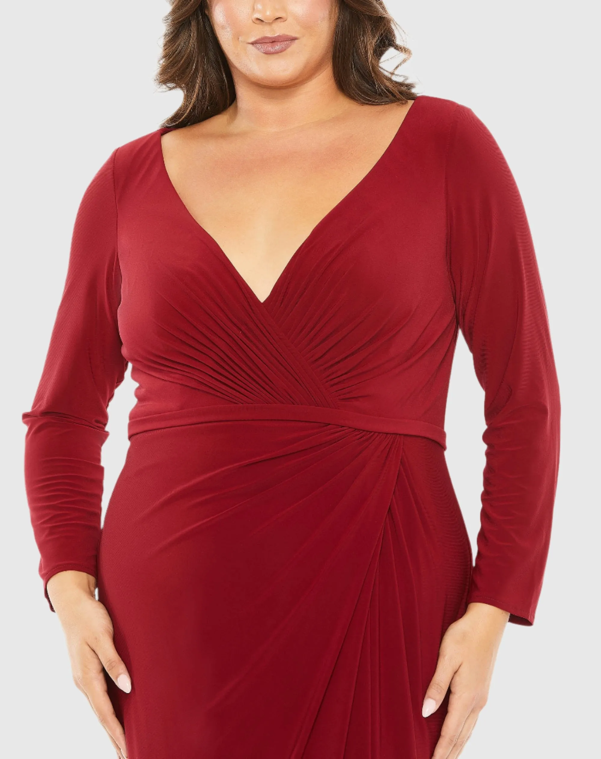 Red Long Sleeve V-Neck Faux Wrap Gown (Plus) sold by Mac Duggal product image thumbnail 2