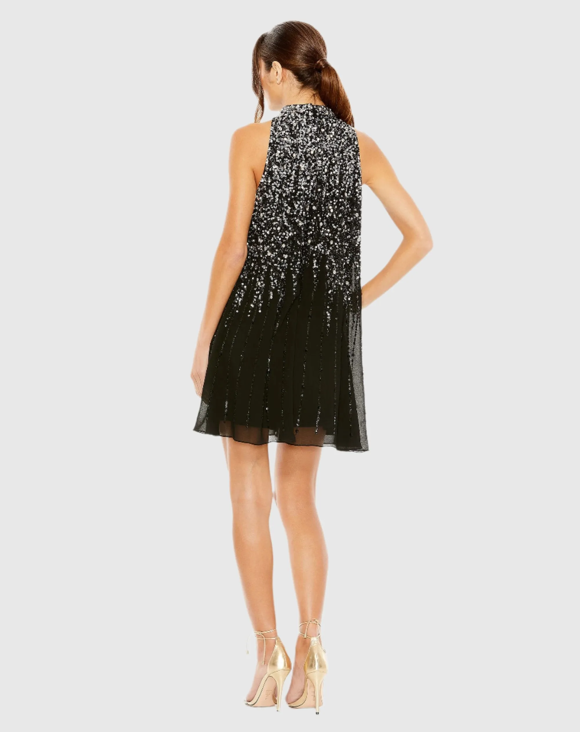 Black High Neck Sleeveless Sequin Embellished Trapeze Dress sold by Mac Duggal product image thumbnail 3