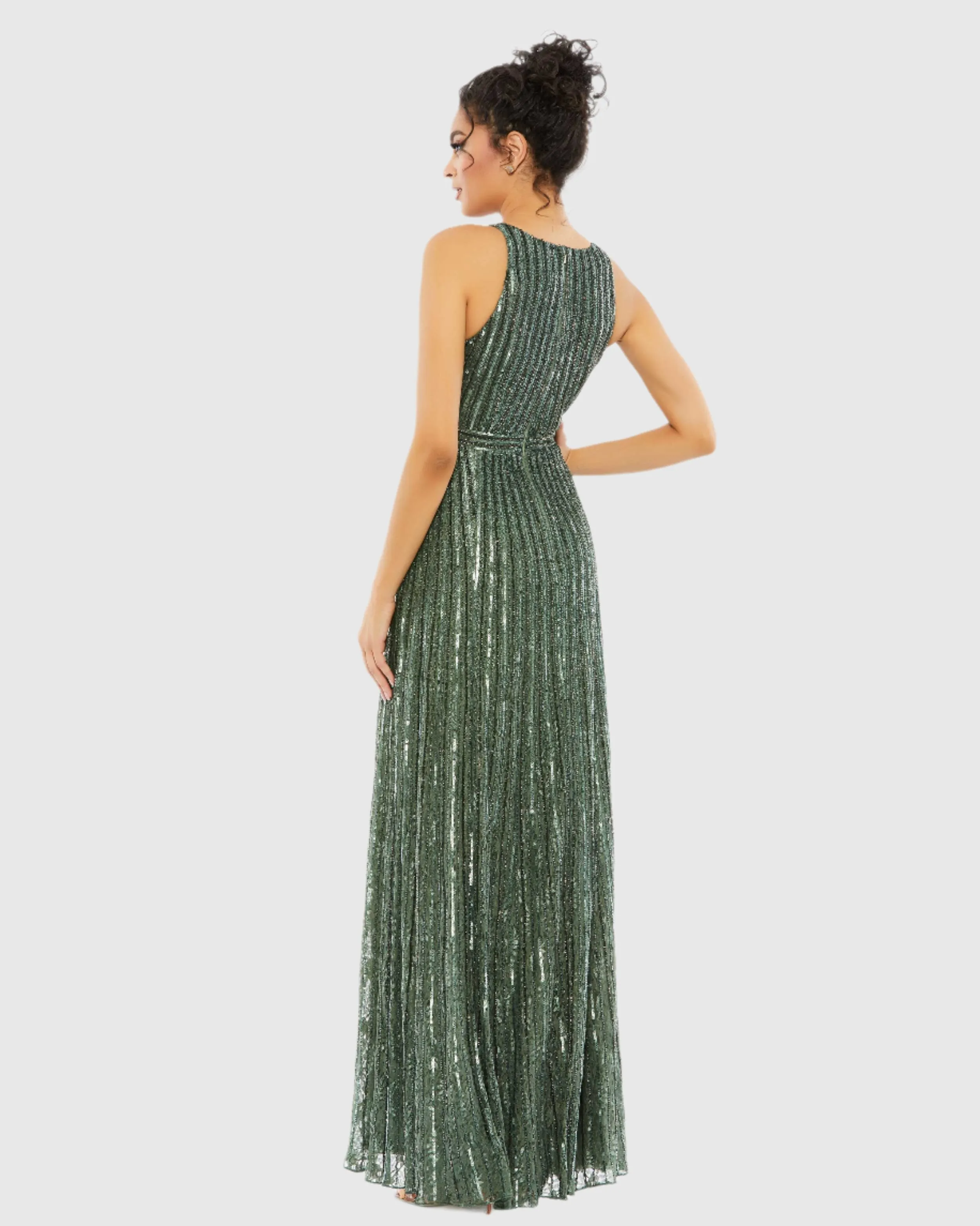 Green Sequined Sleeveless Plunge Neck Flowy Gown sold by Mac Duggal product image thumbnail 3