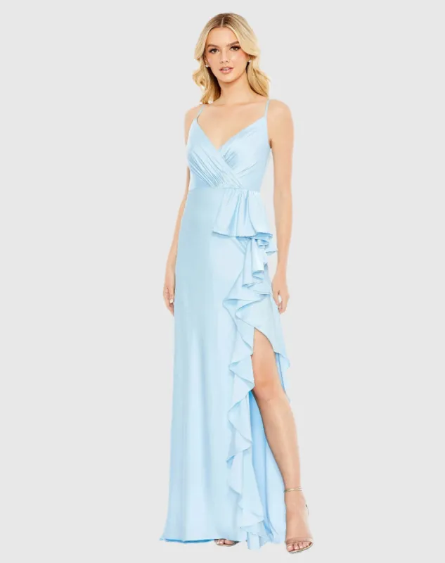 Blue V-Neck Spaghetti Strap Satin Gown sold by Mac Duggal