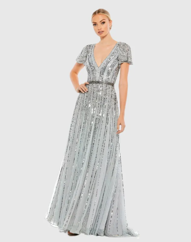 Blue Stripe Sequin V-Neck Gown sold by Mac Duggal