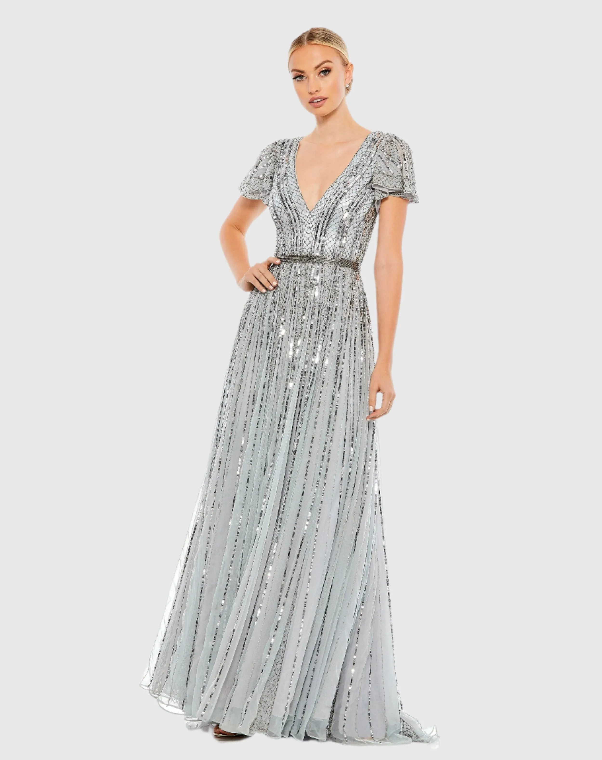Blue Stripe Sequin V-Neck Gown sold by Mac Duggal