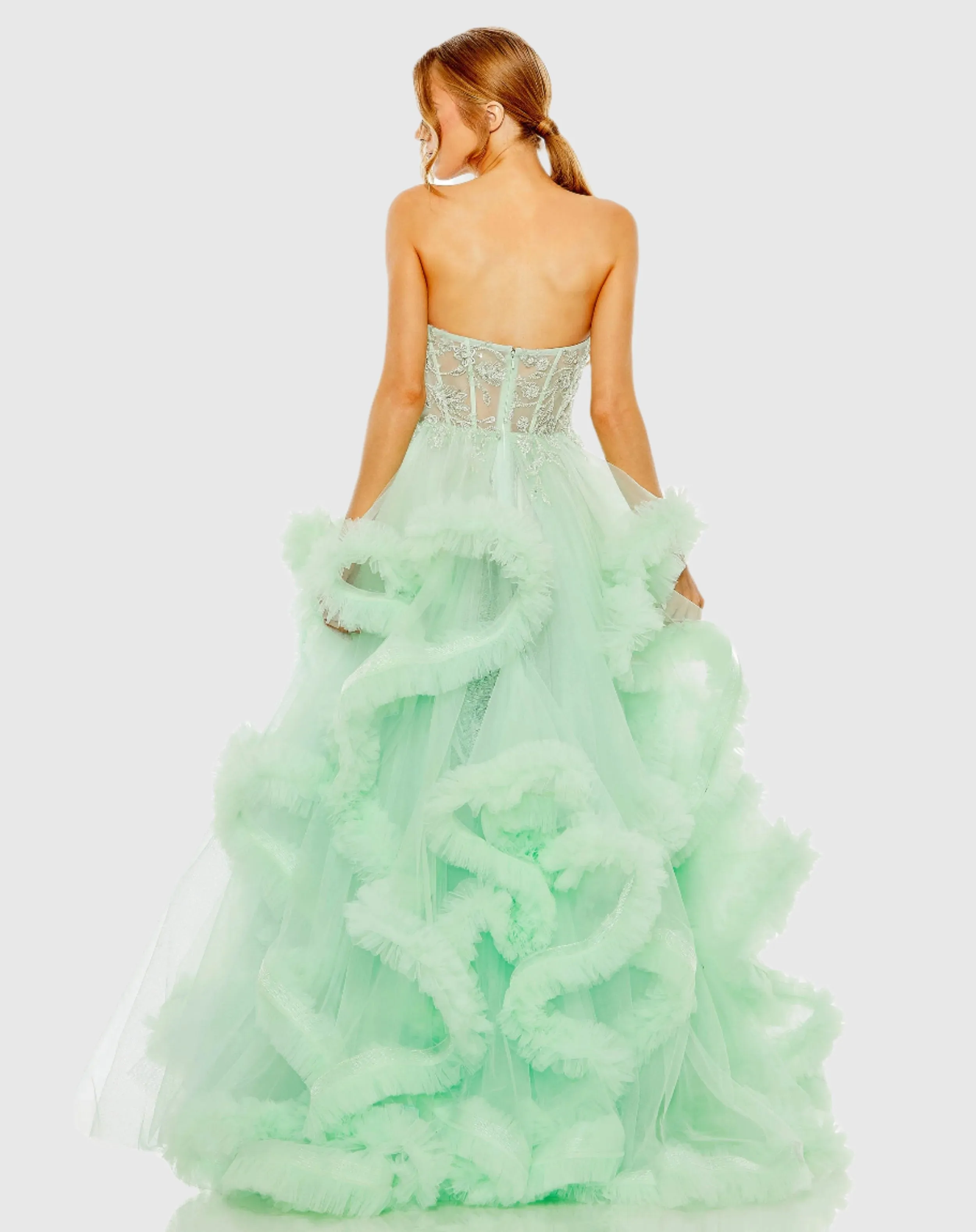 Green Strapless Corset Detail Tulle Layered Gown sold by Mac Duggal product image thumbnail 3