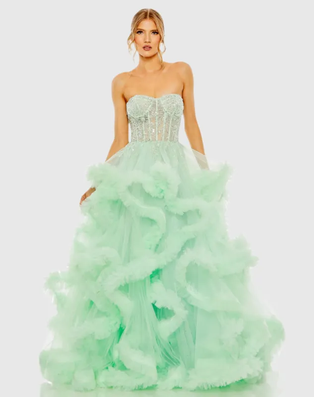 Green Strapless Corset Detail Tulle Layered Gown sold by Mac Duggal