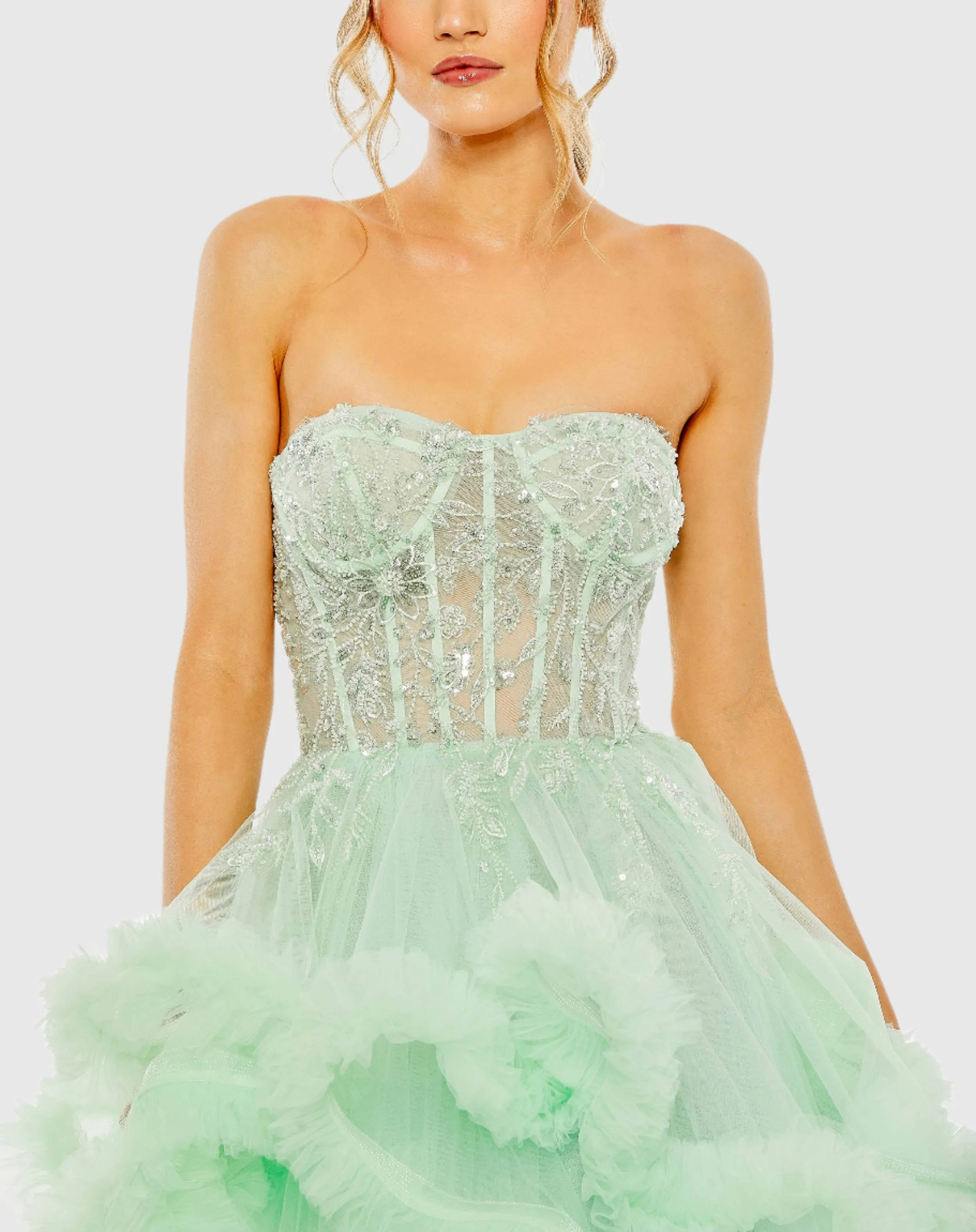 Green Strapless Corset Detail Tulle Layered Gown sold by Mac Duggal product image thumbnail 2