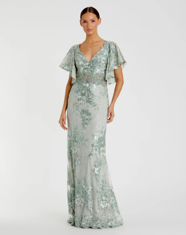 Bell Sleeve Floral Embellished Gown sold by Mac Duggal