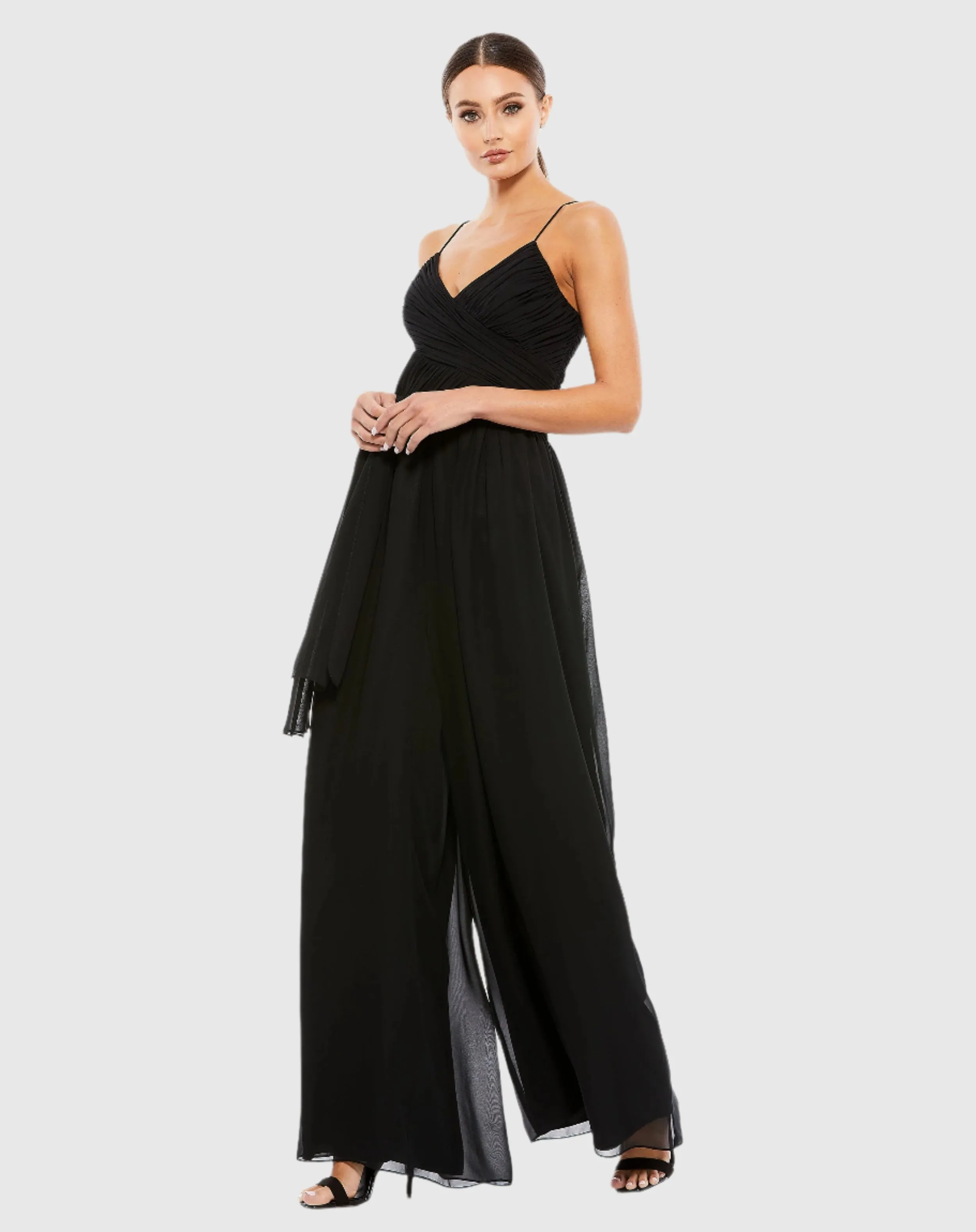 Black Flowy Faux Wrap Jumpsuit sold by Mac Duggal