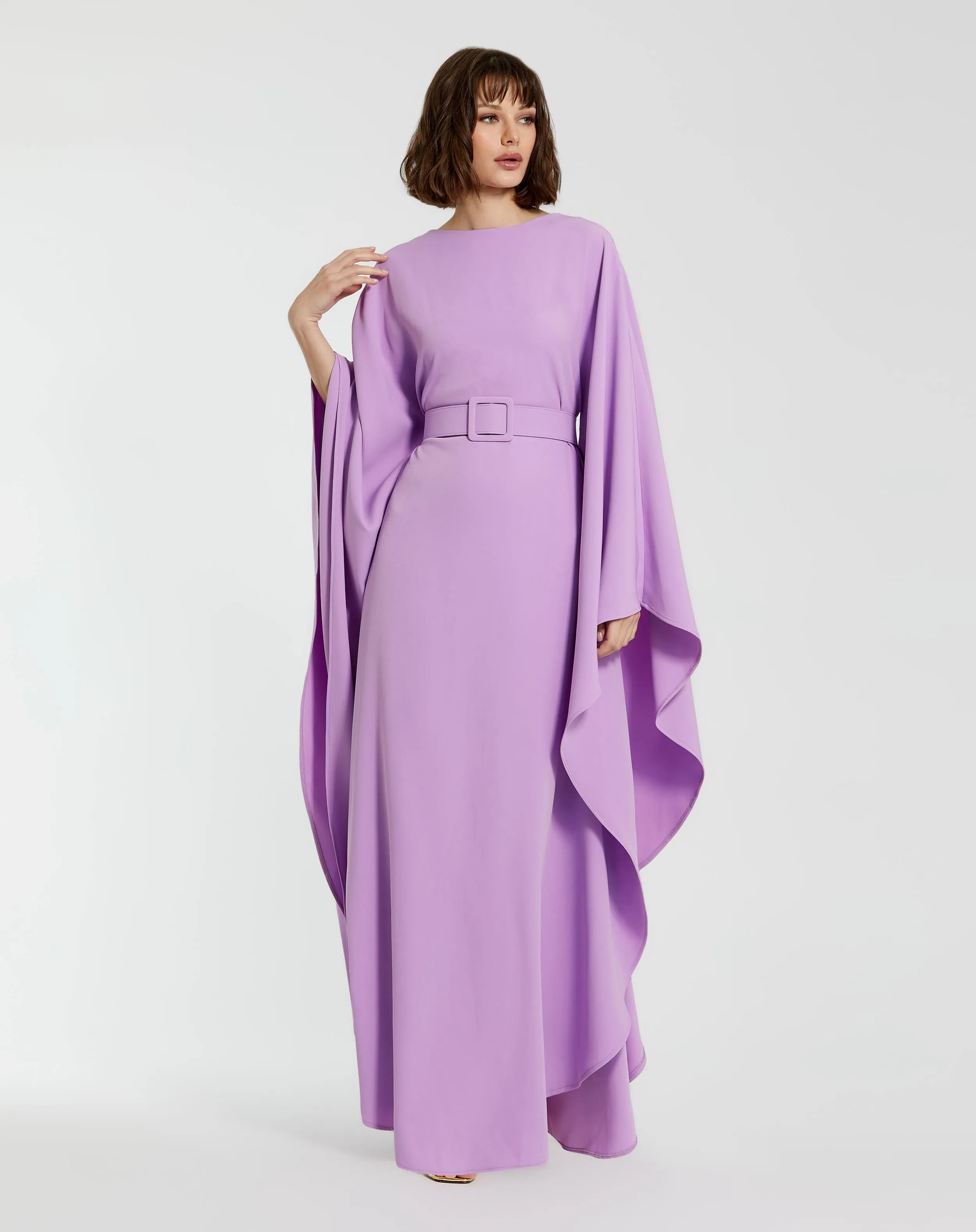 Crepe Boat Neck Kaftan Dress With Belt sold by Mac Duggal