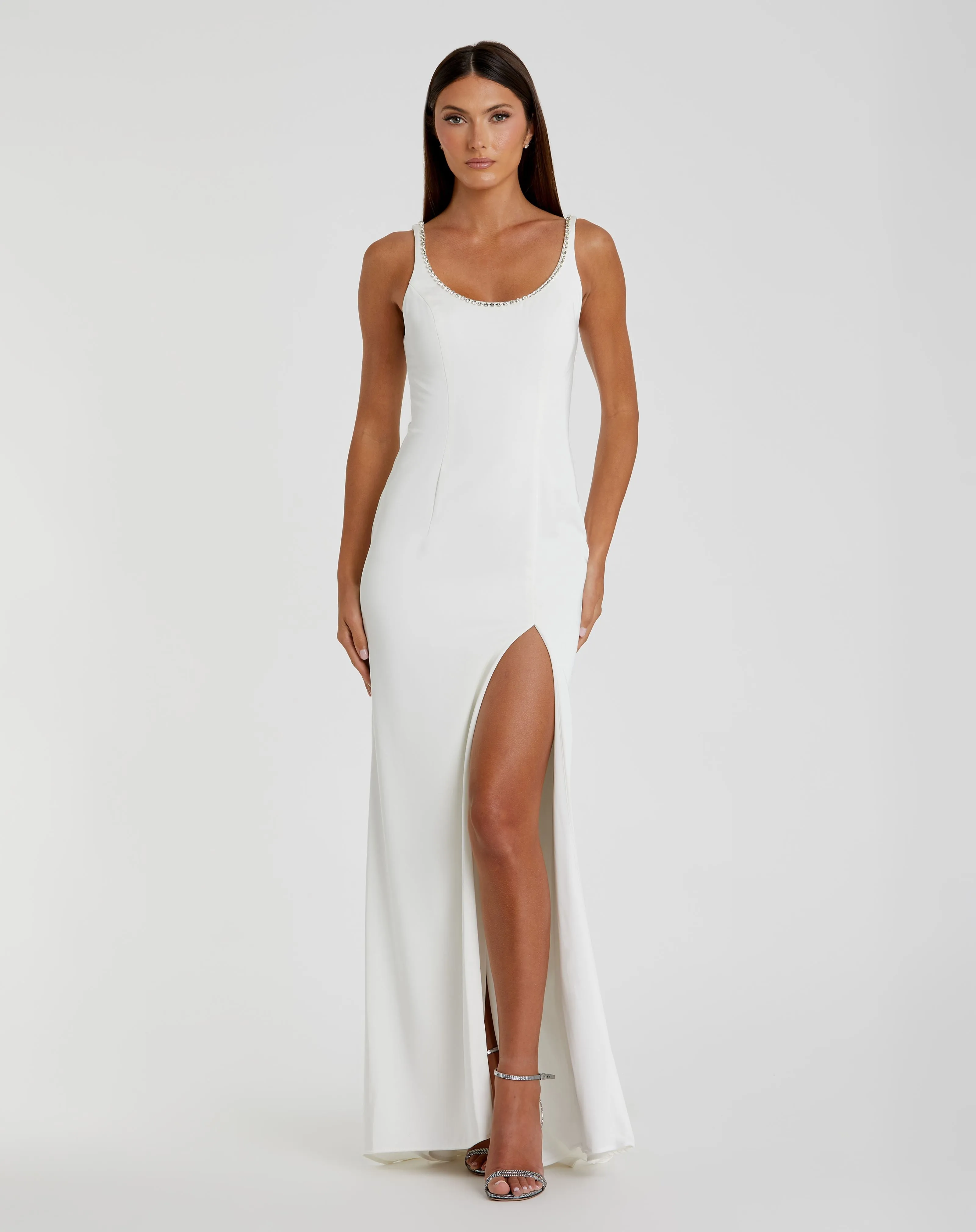 Sleeveless Crystal Scoop Neckline Column Gown with High Slit sold by Mac Duggal