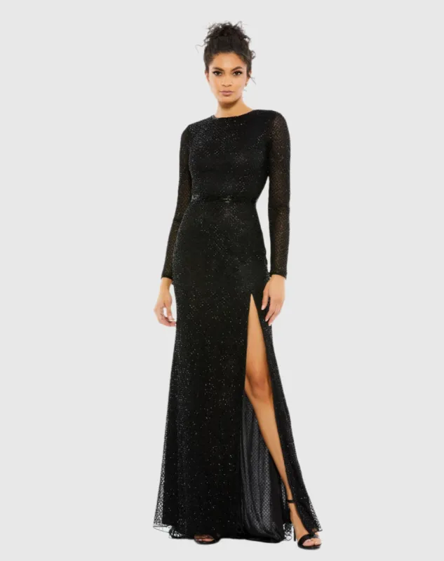 Beaded High Neck Long Sleeve Gown With Detailed Belt sold by Mac Duggal