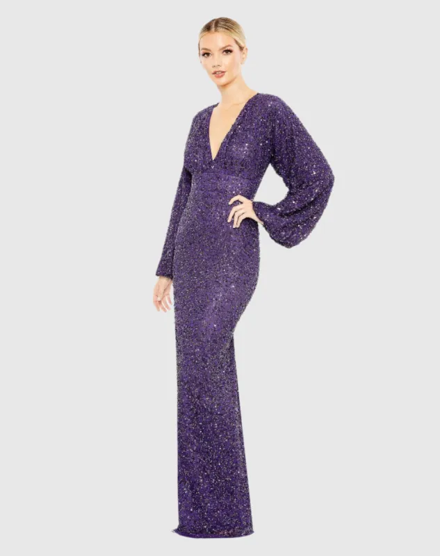 Sequined Puff Sleeve V Neck Gown sold by Mac Duggal