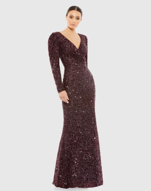 Red Puff Shoulder Sequined Surplice Gown sold by Mac Duggal