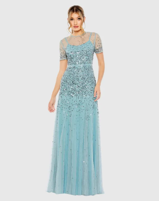 Blue High Neck Short Sleeve Sequin Embellished Gown sold by Mac Duggal