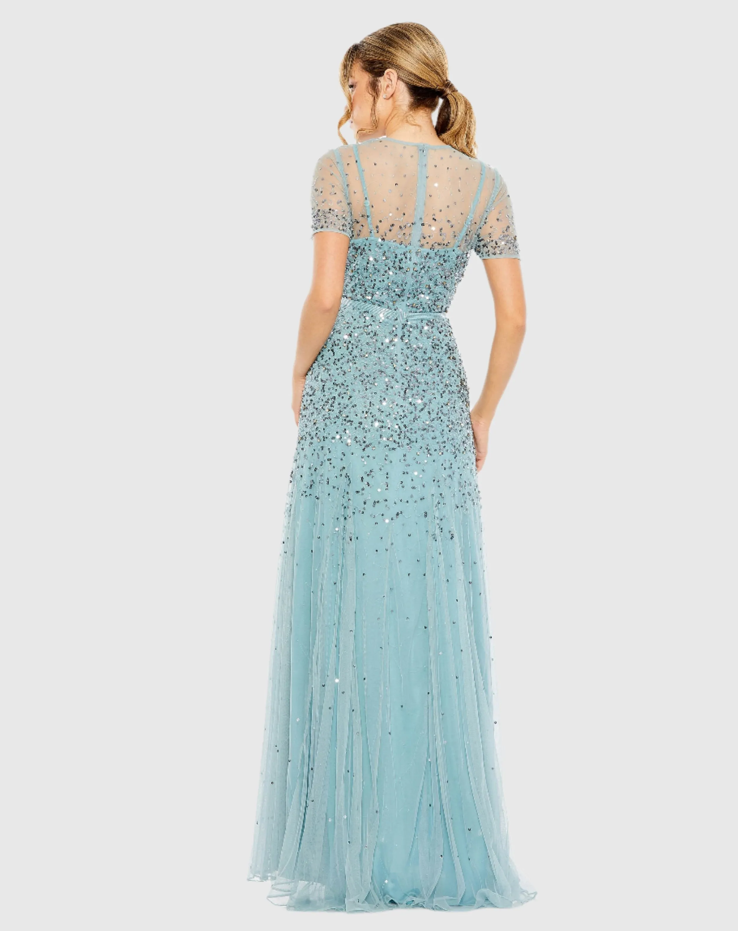 Blue High Neck Short Sleeve Sequin Embellished Gown sold by Mac Duggal product image thumbnail 3