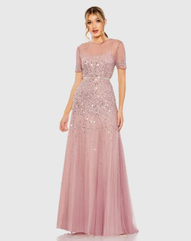 Pink High Neck Short Sleeve Sequin Embellished Gown sold by Mac Duggal