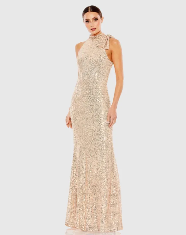 Gold Soft Tie Halter Neck Sequin Gown sold by Mac Duggal