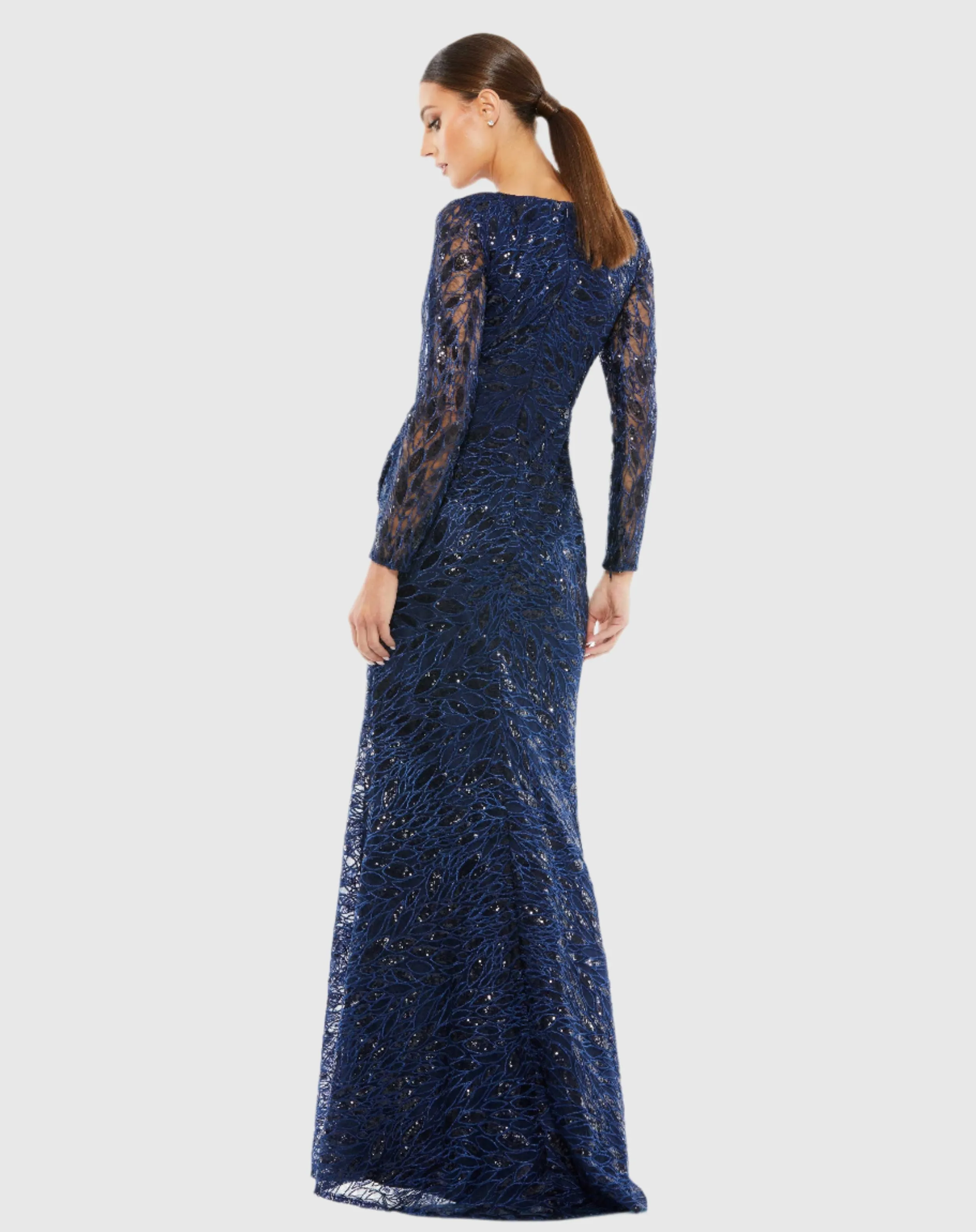 Navy Long Sleeve Ruched Sequined V-Neck Gown sold by Mac Duggal product image thumbnail 3