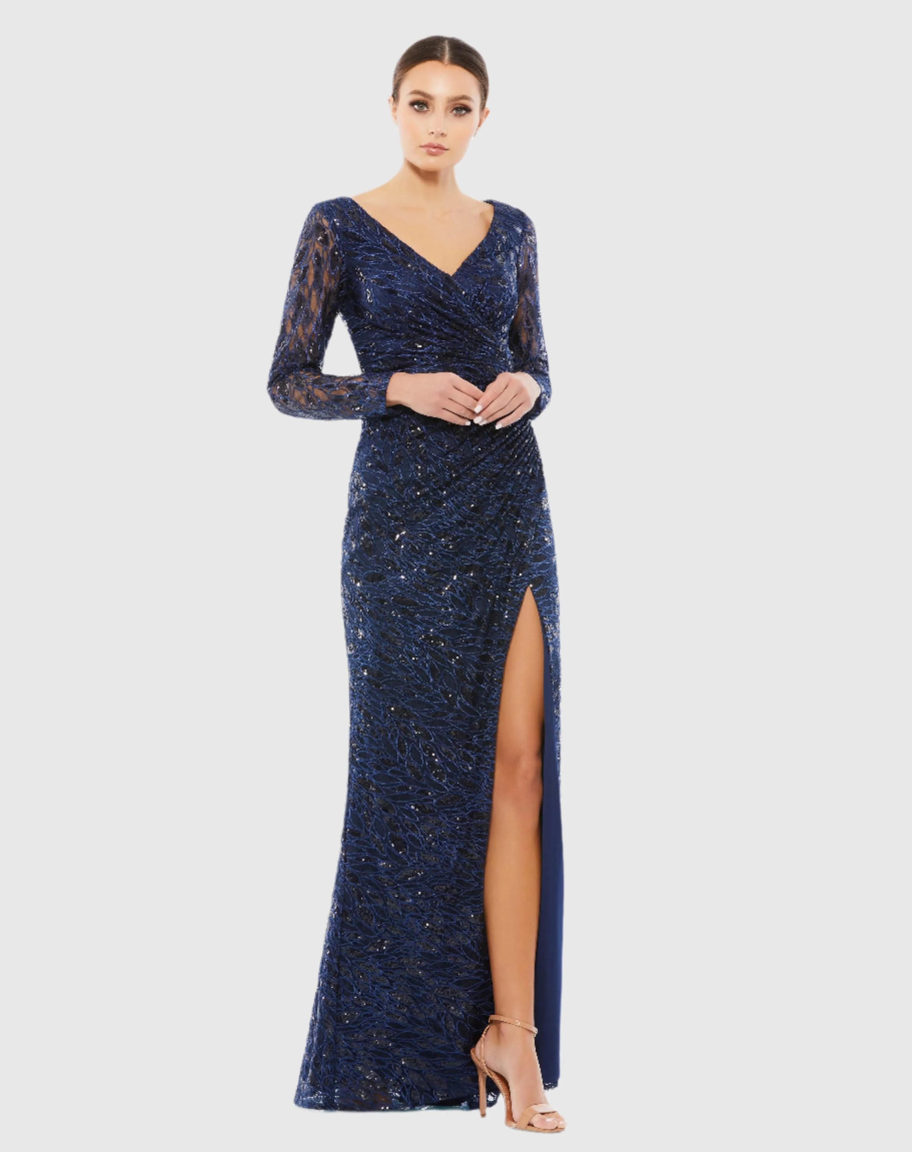 Navy Long Sleeve Ruched Sequined V-Neck Gown sold by Mac Duggal